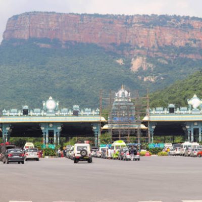 Tirupati, Andhra Pradesh, India 11 October 2019 - Natural High Rocky Hills and Vehicles standing In Queue at Tirupati Tirumala Toll Gate for Security Checking